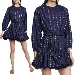 Rhode Navy Blue Ella Metallic Heart Jacquard Cotton Belted Mini Dress Size M